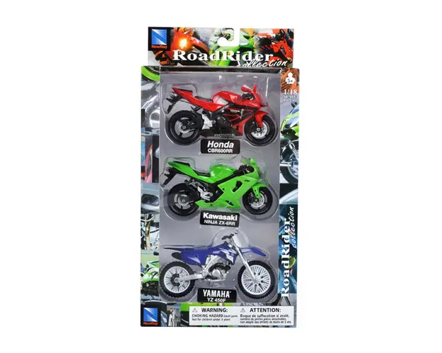 Set 3 motociclete metalice, New Ray, Honda, Kawasaki, Yamaha, 1:18