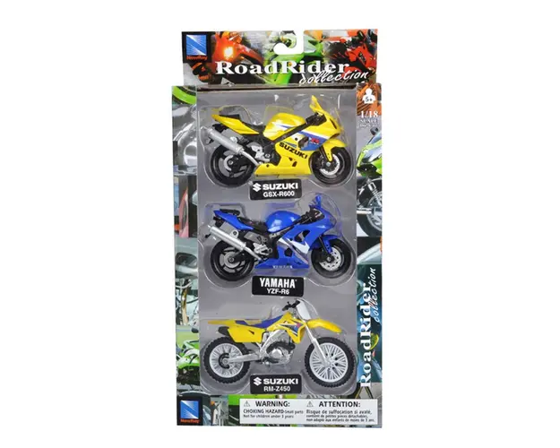 Set 3 motociclete metalice, New Ray, Suzuki Yamaha Suzuki, 1:18