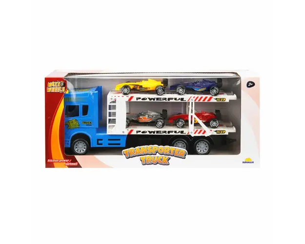 Transportator albastru cu 2 niveluri si 4 masini, Maxx Wheels, 1:32, 32 cm