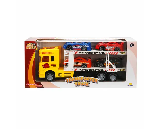 Transportator galben cu 2 niveluri si 4 masini, Maxx Wheels, 1:32, 32 cm