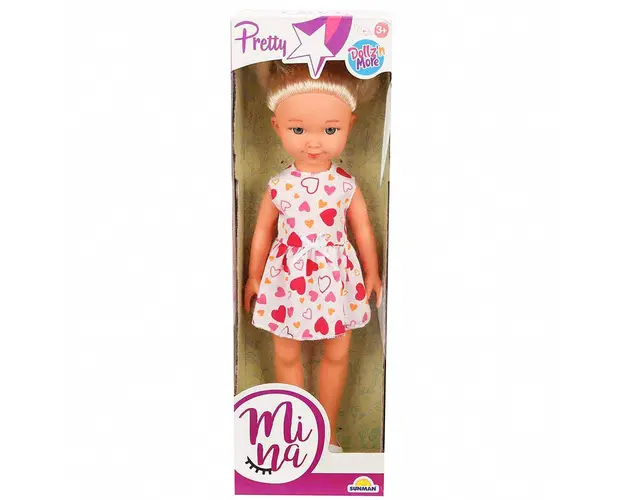 Papusa Pretty Mina in rochita roz cu inimioare, Dollz n More, 35 cm