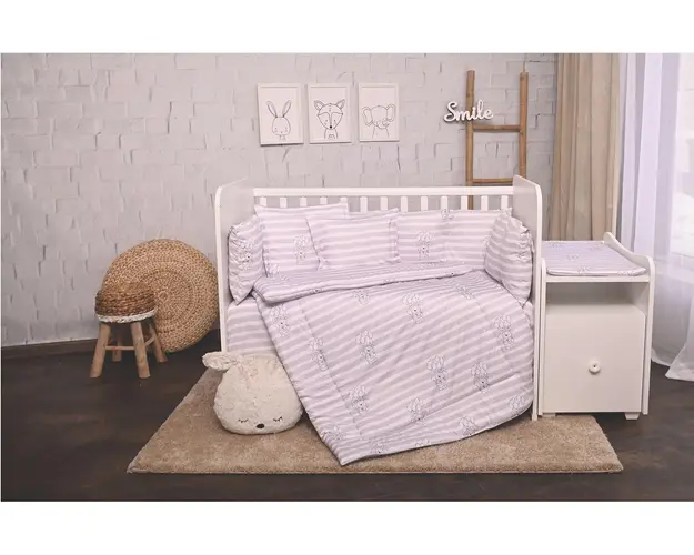 Set lenjerie de pat Lorelli, cu 8 piese din bumbac ranforce, Trend, Grey striped