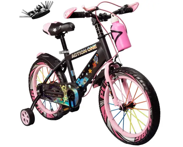 Bicicleta copii cu set de chei inclus, roti ajutatoare si bidon Action One, Cameleon II, 14 inch, Roz