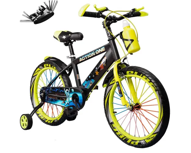 Bicicleta copii cu set de chei inclus, roti ajutatoare si bidon Action One, Cameleon, 14 inch, Verde neon
