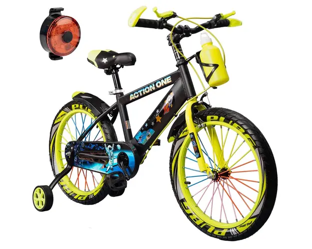 Bicicleta copii cu far spate inclus, roti ajutatoare si bidon Action One, Genesis II, 16 inch, Verde neon