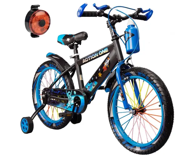 Bicicleta copii cu far spate inclus, roti ajutatoare si bidon Action One, Genesis II, 16 inch, Albastru