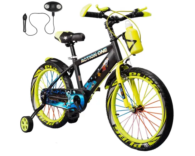Bicicleta copii cu far si claxon inclus, roti ajutatoare si bidon Action One, SuperNova, 20 inch, Verde neon