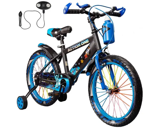 Bicicleta copii cu far si claxon inclus, roti ajutatoare si bidon Action One, SuperNova, 20 inch, Blue