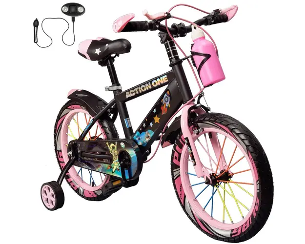 Bicicleta copii cu far si claxon inclus, roti ajutatoare si bidon Action One, SuperNova, 20 inch, Roz