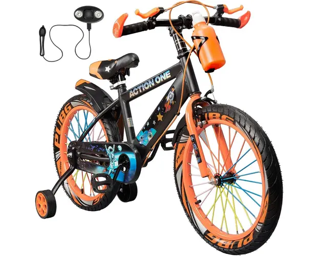 Bicicleta copii cu far si claxon inclus, roti ajutatoare si bidon, Action One, Nova, 18 inch, Orange