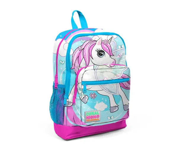 Ghiozdan cu 4 compartimente, Coral High, bleu cu unicorn
