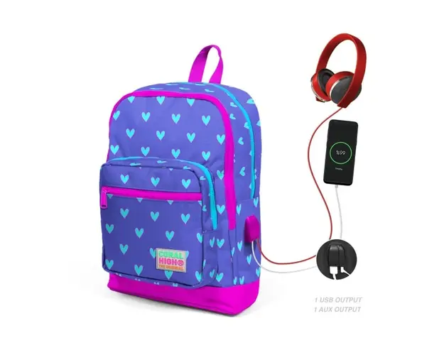 Ghiozdan cu 4 compartimente, Coral High, cu USB, mov cu inimioare bleu