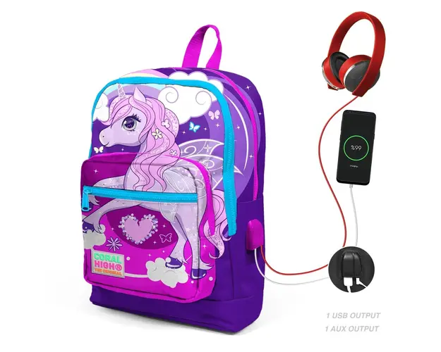 Ghiozdan cu 4 compartimente, Coral High, cu USB, mov-roz cu unicorn