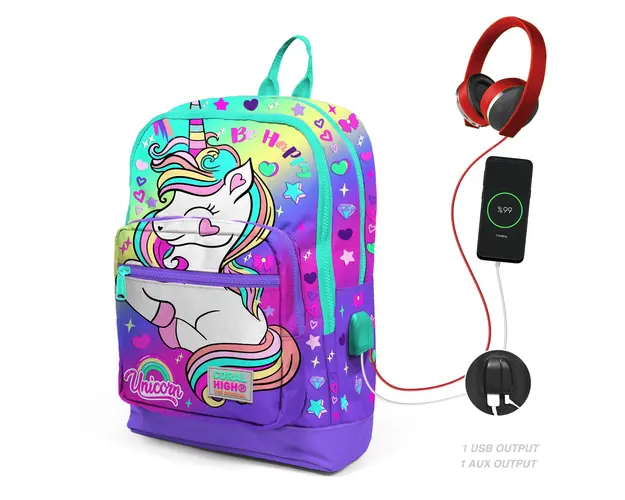 Ghiozdan cu 4 compartimente, Coral High, cu USB, model unicorn