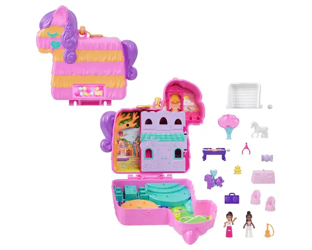 Set de joaca cu 2 papusi si 13 accesorii, Polly Pocket, Pinata Party, HKV32