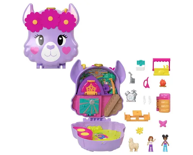 Set de joaca cu 2 papusi si 13 accesorii, Polly Pocket, Camp Adventure Llama, HKV33