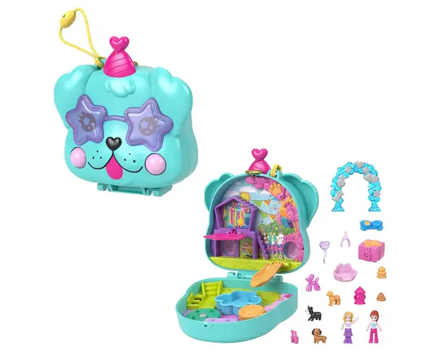Set de joaca cu 2 papusi si 14 accesorii, Polly Pocket, Doggy Birthday, HKV30