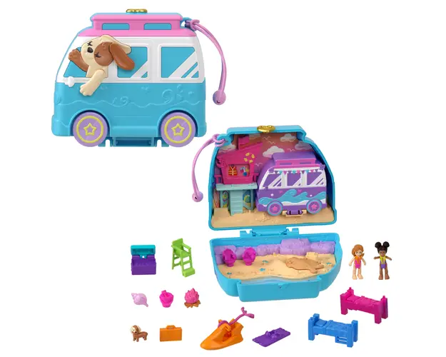 Set de joaca cu 2 papusi si 12 accesorii Polly Pocket, Seaside Puppy Ride, HRD36