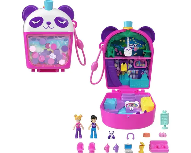 Set de joaca cu 2 papusi si 12 accesorii Polly Pocket, Bubble Tea Panda, HWN95
