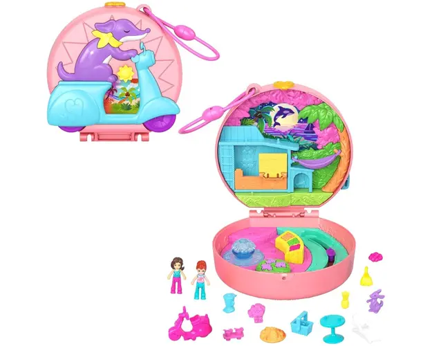 Set de joaca cu 2 papusi si 12 accesorii Polly Pocket, Adventure Moped, HWN98