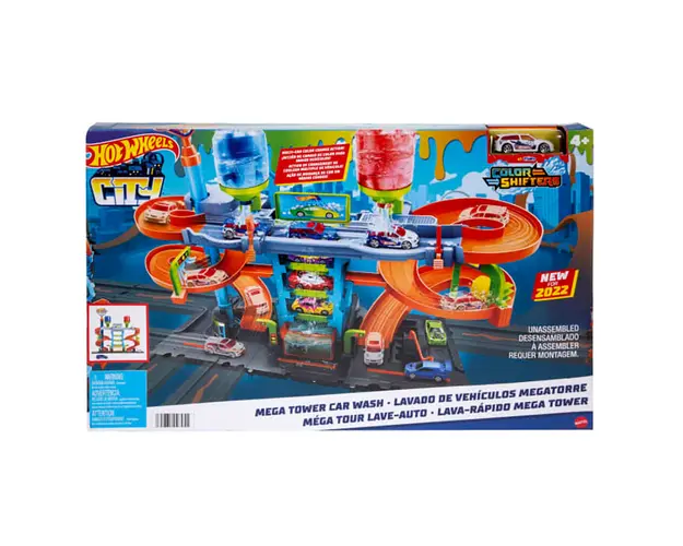 Set de joaca cu masinuta, Hot Wheels, Mega Tower, Spalatorie auto, HDP05
