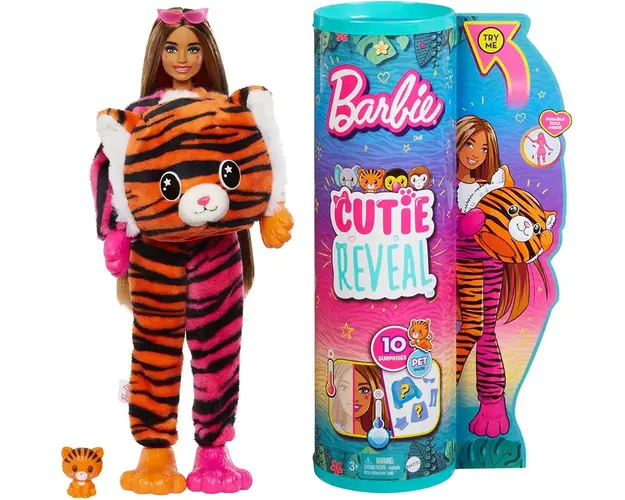Papusa Barbie, Seria Jungle, Cutie Reveal, Tiger, 10 surprize, HKP99