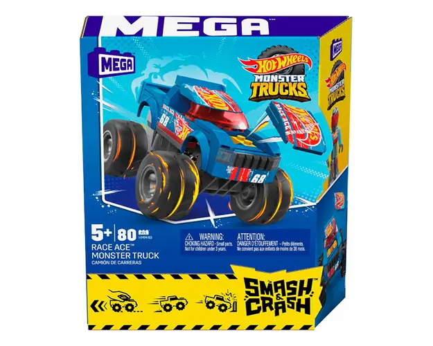 Set de constructie cu masina de teren, Hot Wheels, Monster Truck, Smash si Crash Race Ace, 85 piese, HMM49