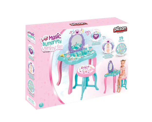 Set de joaca masa de machiaj cu oglinda si scaun, Pilsan, Butterfly, 19 accesorii