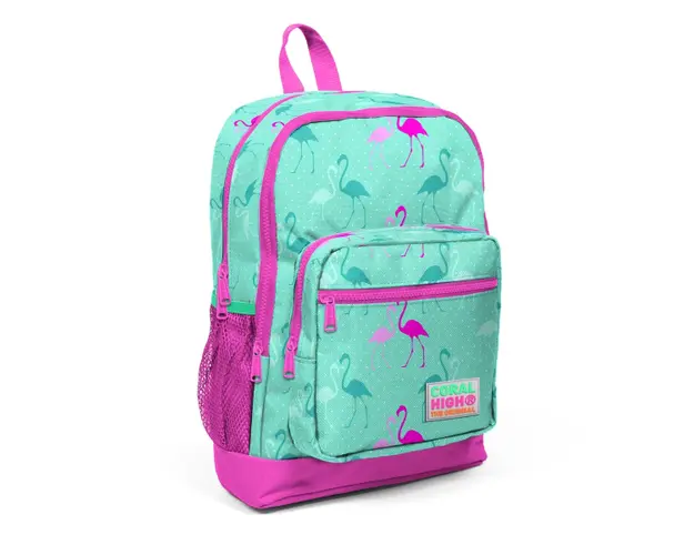 Ghiozdan cu 4 compartimente, Coral High, turcoaz cu flamingo