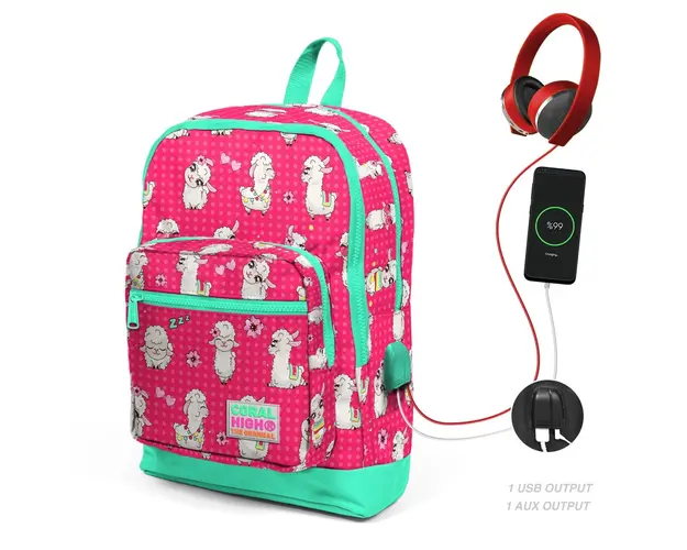 Ghiozdan cu 4 compartimente, Coral High, cu USB, model alpaca