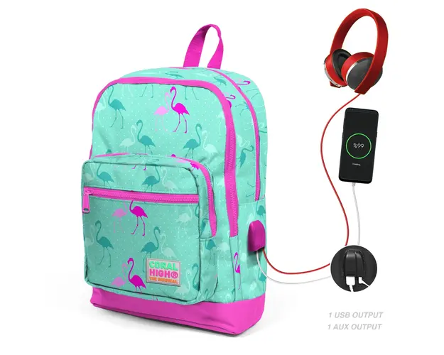 Ghiozdan cu 4 compartimente, Coral High, cu USB, turcoaz cu flamingo