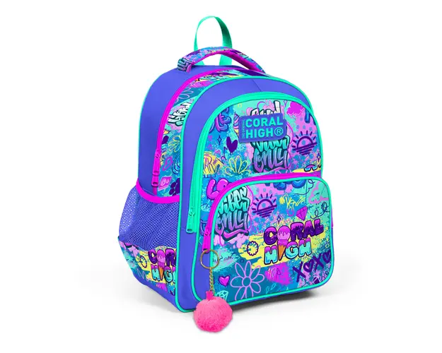 Ghiozdan cu 3 compartimente, Coral High, model graffiti albastru