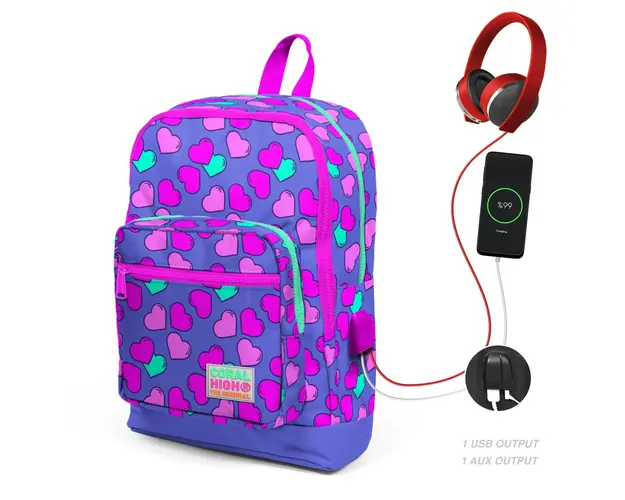 Ghiozdan cu 4 compartimente, Coral High, cu USB, mov cu inimioare