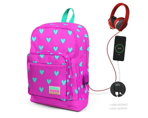 Ghiozdan cu 4 compartimente, Coral High, cu USB, roz cu inimioare