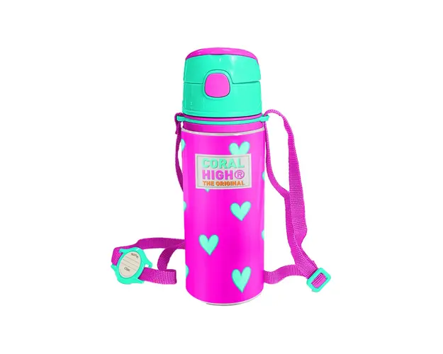 Termos cu pai, 600 ml, Coral High, model Roz cu inimioare turcoaz