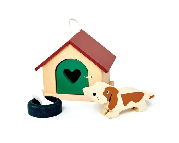 Set cu figurina din lemn, catel, pentru Casute de papusi, Tender Leaf Toys, 4 piese