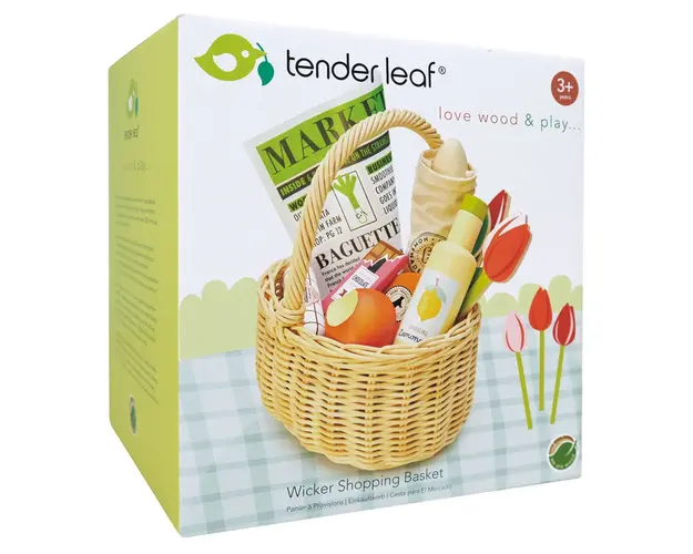 Cos de cumparaturi din rachita din lemn premium, Tender Leaf Toys, 13 piese
