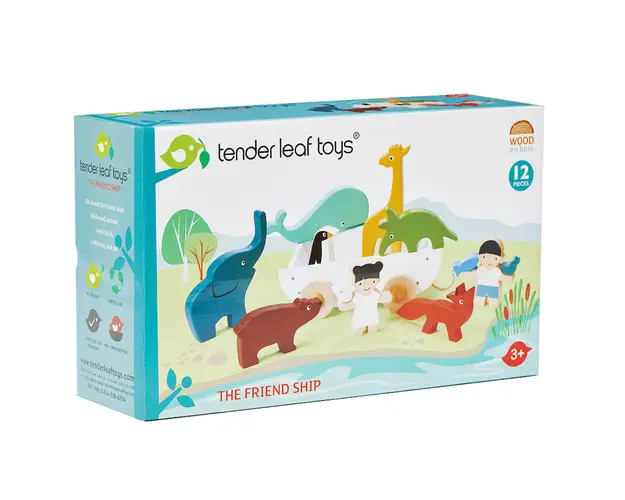 Corabia cu animalute din lemn premium, Tender Leaf Toys, 12 piese