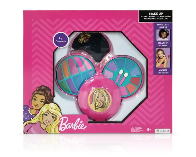 Set de cosmetice in caseta rotunda, cu 3 niveluri, Barbie