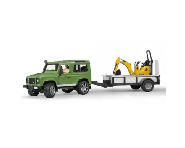 BRUDER - MASINA DE TEREN LAND ROVER DEFENDER CU REMORCA SI MICRO EXCAVATOR JCB CU MUNCITOR