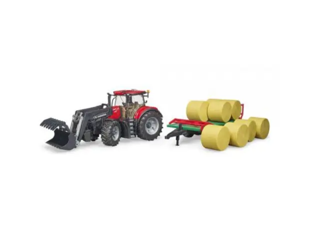 BRUDER - TRACTOR CASE IH OPTUM 300 CVX CU INCARCATOR FRONTAL SI REMORCA TRANSPORT CU 8 BALOTI