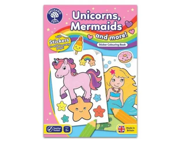 Carte de colorat cu activitati in limba engleza si abtibilduri Unicorni, Sirene si Altele UNICORNS, MERMAIDS AND MORE
