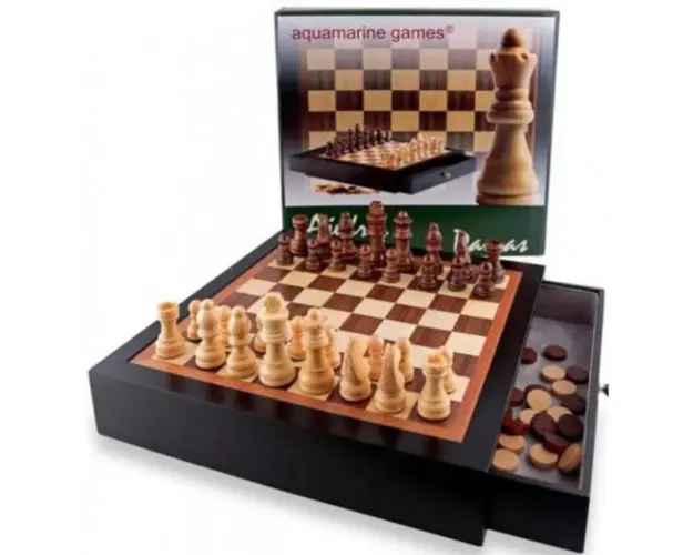 Chess and checkers in black wooden case