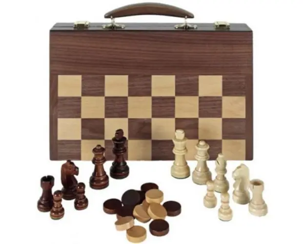 Chess checkers backgammon in wooden attache