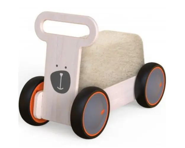 Jucarie din lemn 3 in 1 Ursulet DriveMe Soft: masinuta ride-on, premergator si carucior de jucarii MamaToyz