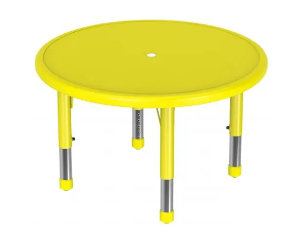 Masa rotunda, 85 cm diametru, galbena, din plastic, reglabila, marimea 0-3 pentru gradinita