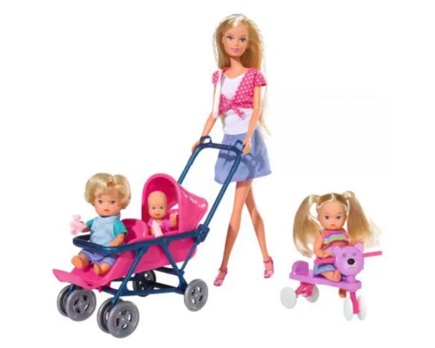 Papusa Simba Steffi Love 29 cm Baby World cu 2 copii, 1 bebelus si accesorii