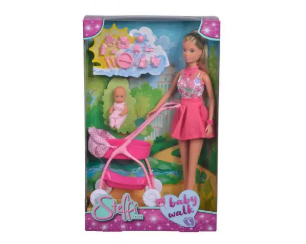 Papusa Steffi In Rochita Roz Si Cu Carucior Bebe