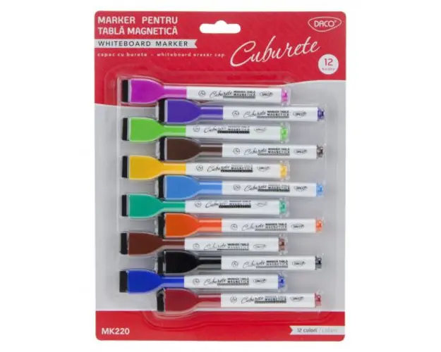 Set 12 markere pentru tabla magnetica - capac cu burete