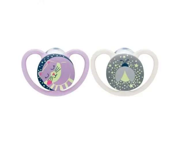 Suzeta Nuk Space Night Silicon 0-6 luni Roz, Set 2 Bucati